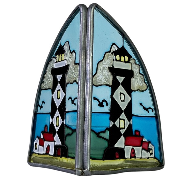 Lighthouse Stained Glass Candle Holder Vintage Painted Glass Art Piece - Picture 2 of 16